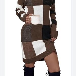 Brown and White‎ Checkered Knit Dress